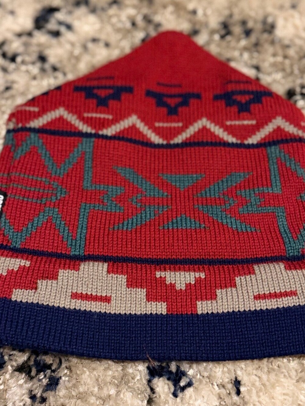 Vintage Obermeyer Geometric Fair Isle Knit Beanie Red Navy Cream